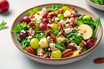 Bright salad features arugula topped with green and red grapes, sliced apples, pecans, and feta cheese, arranged enticingly in a bowl. Perfect for a light meal or refreshing side dish