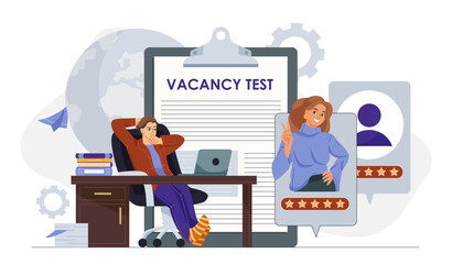 Human resources worker. Man evaluates candidates for vacancy. HR manager analyze employee resumes. Ranking and rating. Headhunter and recruiter. Flat vector illustration