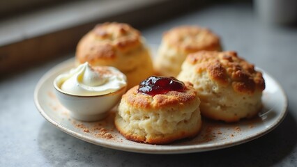   A delicious plate of warm scones with a flaky texture and rich buttery flavor, accompanied by clotted cream and sweet jam., ultra detailed, 8k resolution, HDR, professional