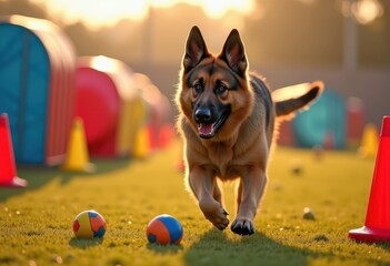 alert canine engaged training session surrounded colorful vibrant training props equipment, dog, puppy, obedience, leash, collar, toy, treat, ball