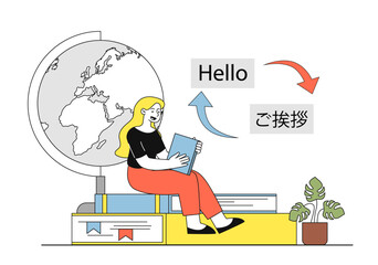 Woman learning language. Young girl with laptop sitting at stack of books. Education and learning. Tourist prepare for travels. International communication. Linear vector illustration