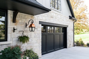 Elegant modern home exterior featuring stone walls, a black garage door, and stylish outdoor lighting in a serene suburban setting during daylight