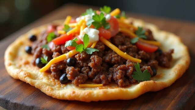   A vibrant Native American frybread taco, featuring a crispy flatbread adorned with ground beef, beans, cheese, and colorful vegetables., ultra detailed, 8k resolution, HDR, professional
