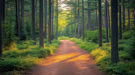 Fototapeta premium Lush Forest Path Winding Through Tall Pine Trees in Serene Nature