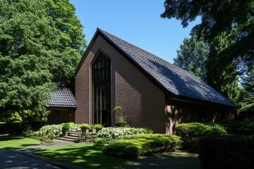 Obraz premium A stunning, contemporary church structure stands gracefully amidst verdant foliage, set against a peaceful landscape on a bright and sunny day