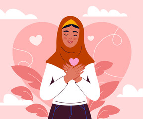 Love yourself woman. Young girl in hijab hug herself. Self acceptance and and love. Taking care of mental and psychological health. Positivity and optimism. Flat vector illustration