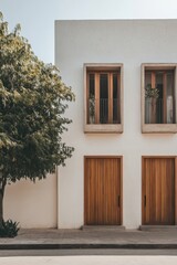 Modern building with wooden doors and large windows in a residential area showcasing minimalist architecture in a vibrant neighborhood during the daytime