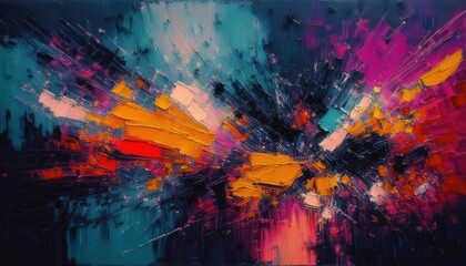 dynamic explosion of vibrant colors in abstract oil painting with textured brushstrokes, perfect for modern wall decor

