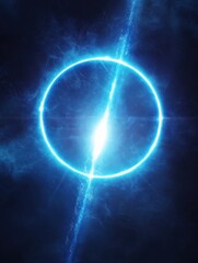 Obraz premium Two bright, glowing circles intersect in the center of the image. A blue ray of light cuts through the center of the circles.