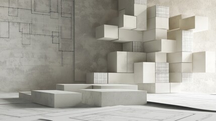 Abstract architectural design presentation, stacks of cubes, blueprints