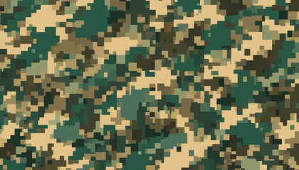 Sharp high-resolution digital camouflage pattern with pixelated green, tan, and brown blocks for futuristic tactical look.png