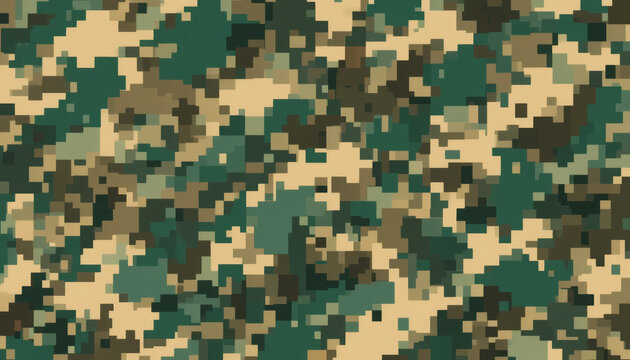 Sharp high-resolution digital camouflage pattern with pixelated green, tan, and brown blocks for futuristic tactical look.png