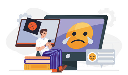 Man with negative comments. Young guy with smartphone read bad feedbacks and comments. Cyberbullying and harassment. Loneliness and sadness. Mental and psychological problems. Flat vector illustration