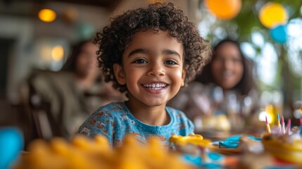 Child with Curly Hair Smiling at a Birthday Party Surrounded by Colorful Decorations. Generative AI