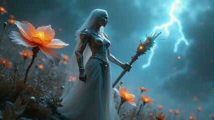   A goddess in a holographic veil summons a cosmic storm while surrounded by biomechanical flora, including metallic flowers with engraved designs a, ultra detailed, 8k resolution, HDR, professional