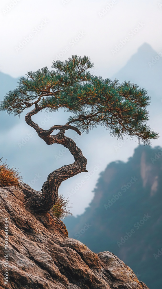Poster a twisted pine tree growing on a rocky cliff with a misty mountain landscape in the background, symb
