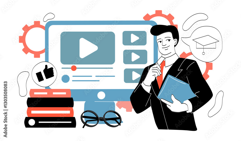 Poster teacher lead online lecture. man near computer monitor and stack of books. remote education and lear