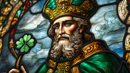 st patrick's day saint patrick on stained glass, saint patrick holy representation on church