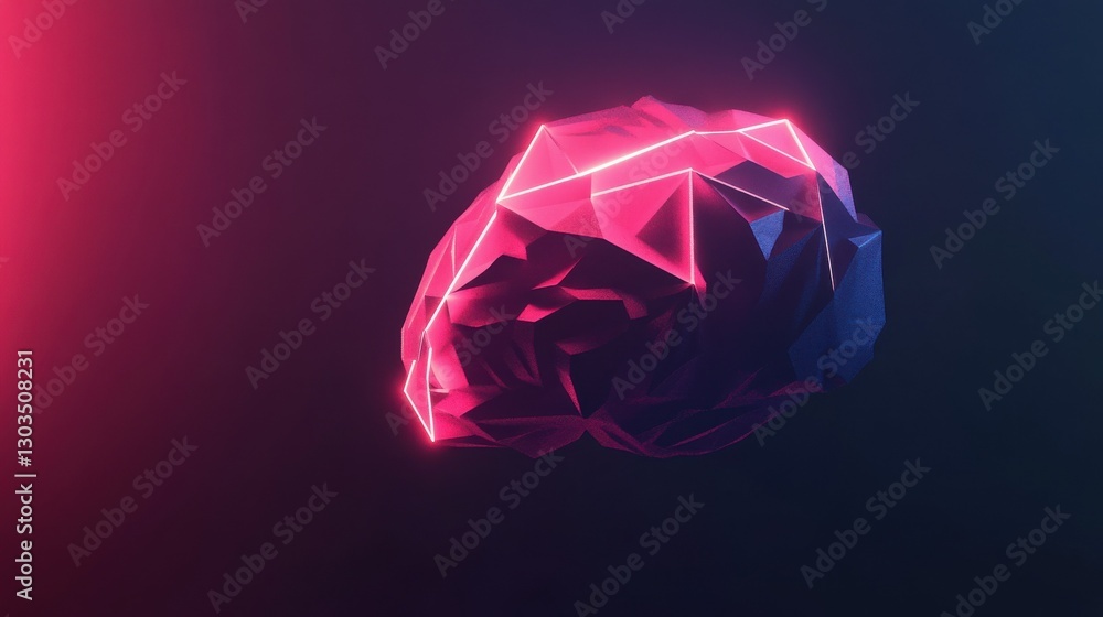 Poster minimalist low poly geometric brain model rendered in 3d with neon accents floating against a dark m