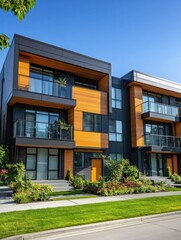 Obraz premium New Modern Apartment Buildings in Vancouver BC. Canadian modern residential architecture on sunny day. Canadian modern residential architecture, low-rise new townhouses. Neighborhood modern houses