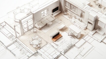 Interior design sketch, modern apartment, top view, 3D model, architectural drawing, home planning, furniture layout
