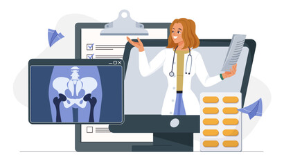 Radiologist doctor concept. Woman in medical uniform on computer screen. Healthcare and medicine. Specialist analyzes Xray of pelvis. Doctor consultation on internet. Flat vector illustration