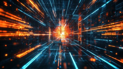 Abstract Power Transmission Tower, Networked Technology, Futuristic Design, Digital Structure, Modern Illustration, Glowing Wires, Illuminated Power Grid