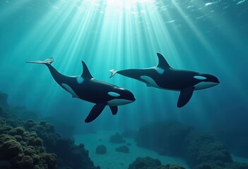 Obraz premium captivating dynamic underwater shot orca pod gracefully moving together perfect synchrony beneath waves, marine, action, swimming, seascape, aquatic