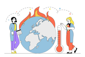 Scientists with global warming. Women with thermometers near burning planet. Global environmental problems. Caring for nature and environment. Linear vector illustration