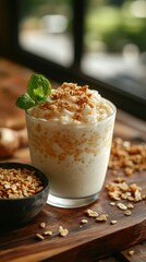 Delicious creamy dessert topped with crunchy granola and mint on a wooden surface