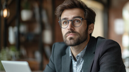 Contemplative businessman coffee shop portrait urban setting close-up