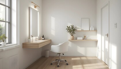 Fototapeta premium Minimalist Beauty Salon with LED Mirror and Natural Lighting