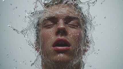 Man's face in water splash, studio shot, water droplets background.  Possible use health, beauty, wellness