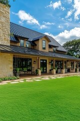 Fototapeta premium Experience the beauty of this stunning modern farmhouse, featuring an elegant stone facade and surrounded by a lush green lawn, all nestled in a tranquil rural setting on a bright, sunny day