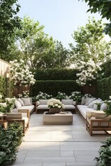 Elegant outdoor garden lounge with comfortable seating surrounded by lush greenery and blooming flowers in a tranquil setting during daylight hours
