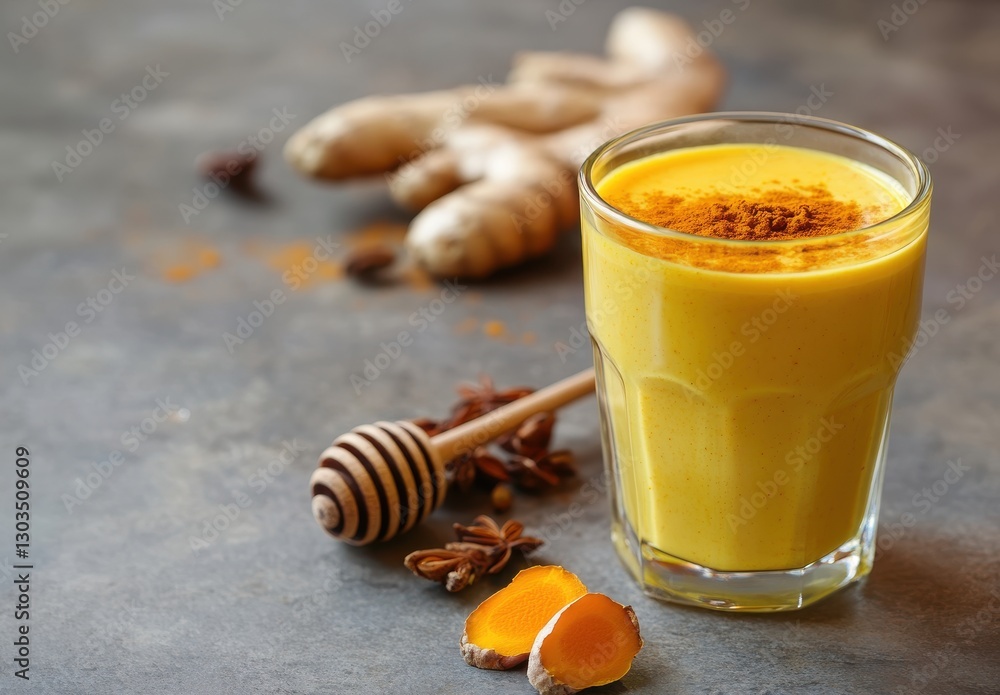 Poster refreshing golden turmeric smoothie with honey and spices placed on a rustic table near ginger root 