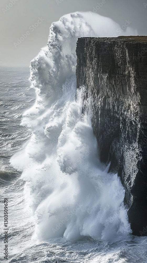 Poster a powerful wave crashing against the cliffside, creating an impressive spray of foam, symbolizing th