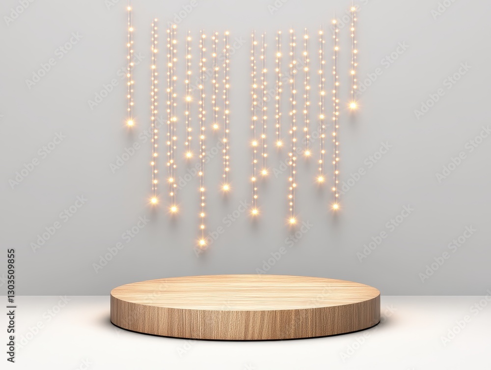 Poster elegant wooden display platform with soft glowing lights in a minimalist setting