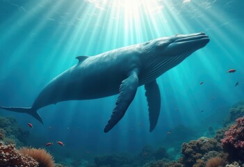 Fototapeta premium majestic whale swimming gracefully through crystal tranquil ocean waters amidst vibrant marine life, movement, tranquility, sea, aquatic, blue, clear, depths