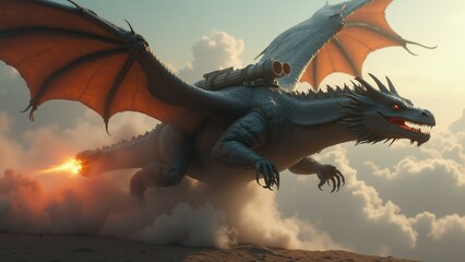   A cyberpunk-inspired dragon, adorned with futuristic armor and wielding a rocket launcher on its back, fiercely attacks a sleek spaceship in a hig, ultra detailed, 8k resolution, HDR, professional