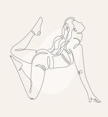 A minimalistic one-line drawing of a beautiful woman in the low lunge yoga pose against a beige background, featuring continuous soft curves and elegant simplicity