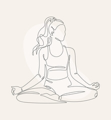 A minimalistic one-line drawing of a beautiful woman in the lotus yoga pose against a beige background, featuring continuous soft curves and elegant simplicity