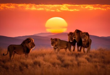 Naklejka premium stunning majestic animal silhouettes set vibrant sunset glow creating breathtaking visual harmony beauty, horizon, nature, landscape, dusk, light, wilderness