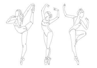 Minimalistic one-line drawings of ballerinas performing graceful standing poses, depicted on a white background with delicate continuous lines