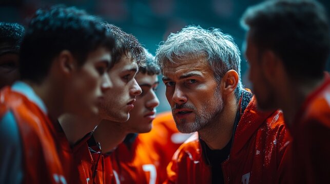 A team huddle on the court with coach discussing strategy during a timeout in an intense moment. Generative AI
