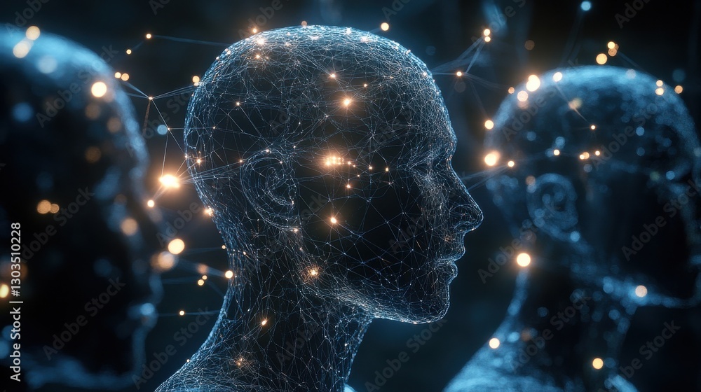 Poster shared web of thought: a web of lights and lines connecting the heads of different team members, eac