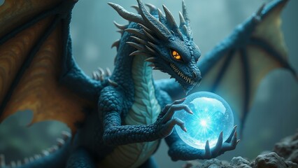   A majestic dragon holds a glowing crystal ball, its intricate scales and details visible under an 8k resolution. The cyberpunk-fantasy scene is se, ultra detailed, 8k resolution, HDR, professional