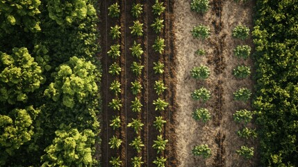 Crops grow between forest, aerial view. Rows of plants cultivation in rural landscape, nature background