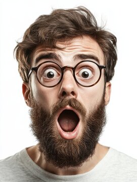 Close up portrait of stunned bearded young guy drops jaw, has bugged dark eyes, sees something unbelievable and surprising, has eyewear, isolated on white background. People, emotions concept