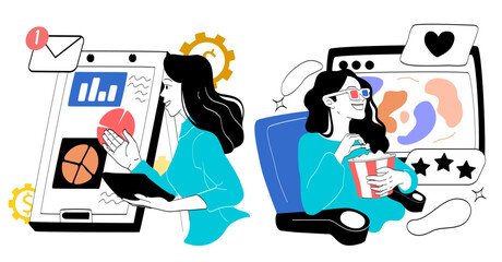 Work life balance. Woman at workplace and in cinema. Business presentation or series and movies. Workflow versus leisure. Time management and work organization. Linear vector illustration